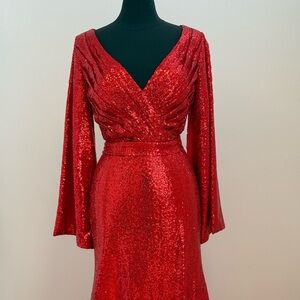 Elegant Red Sequin Long Sleeve Dress